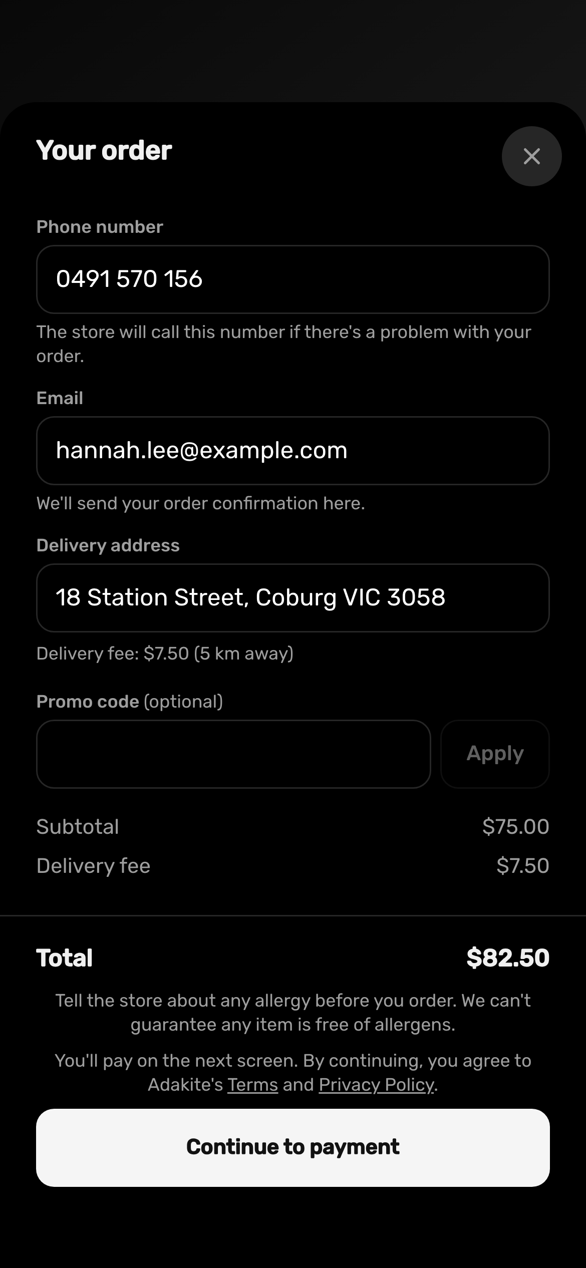 Checking out a delivery order on a phone