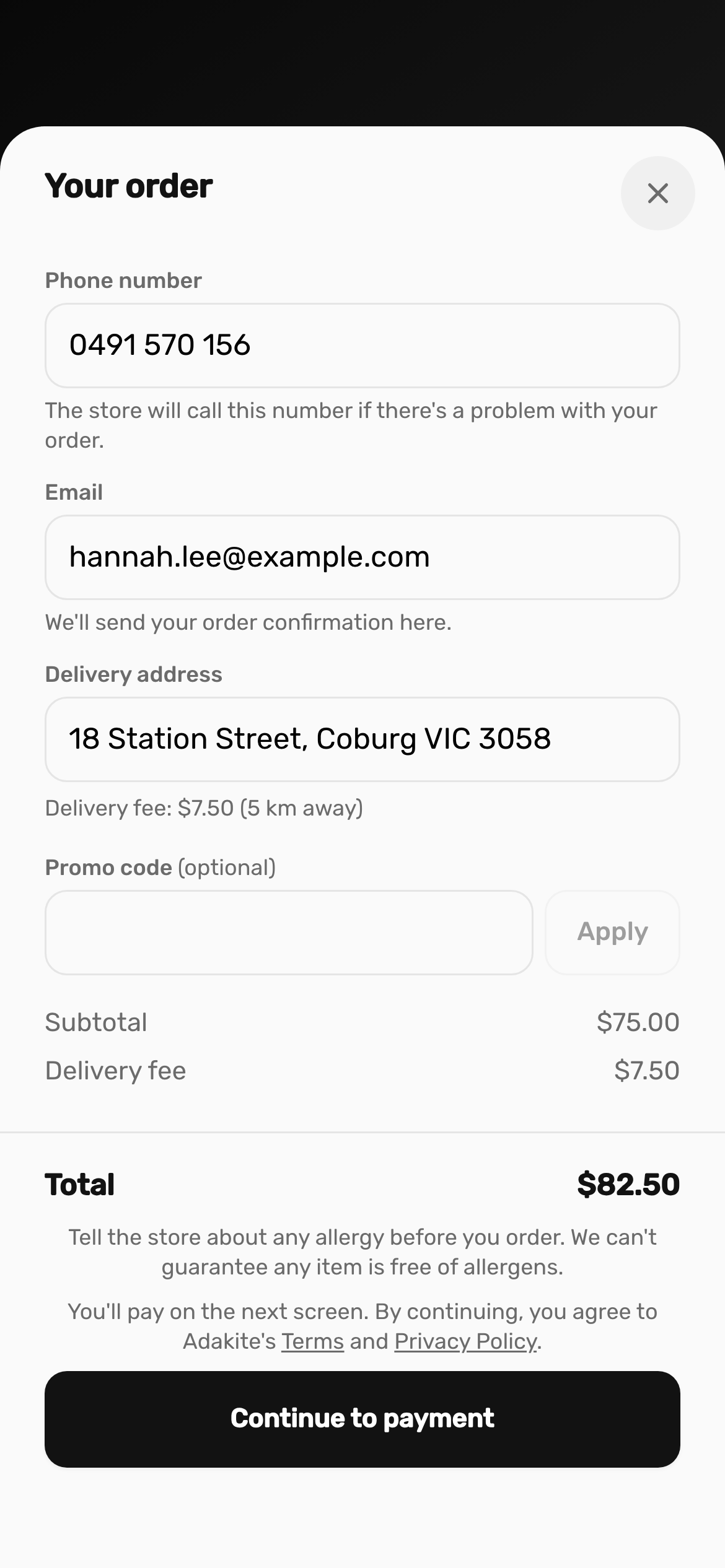 Checking out a delivery order on a phone