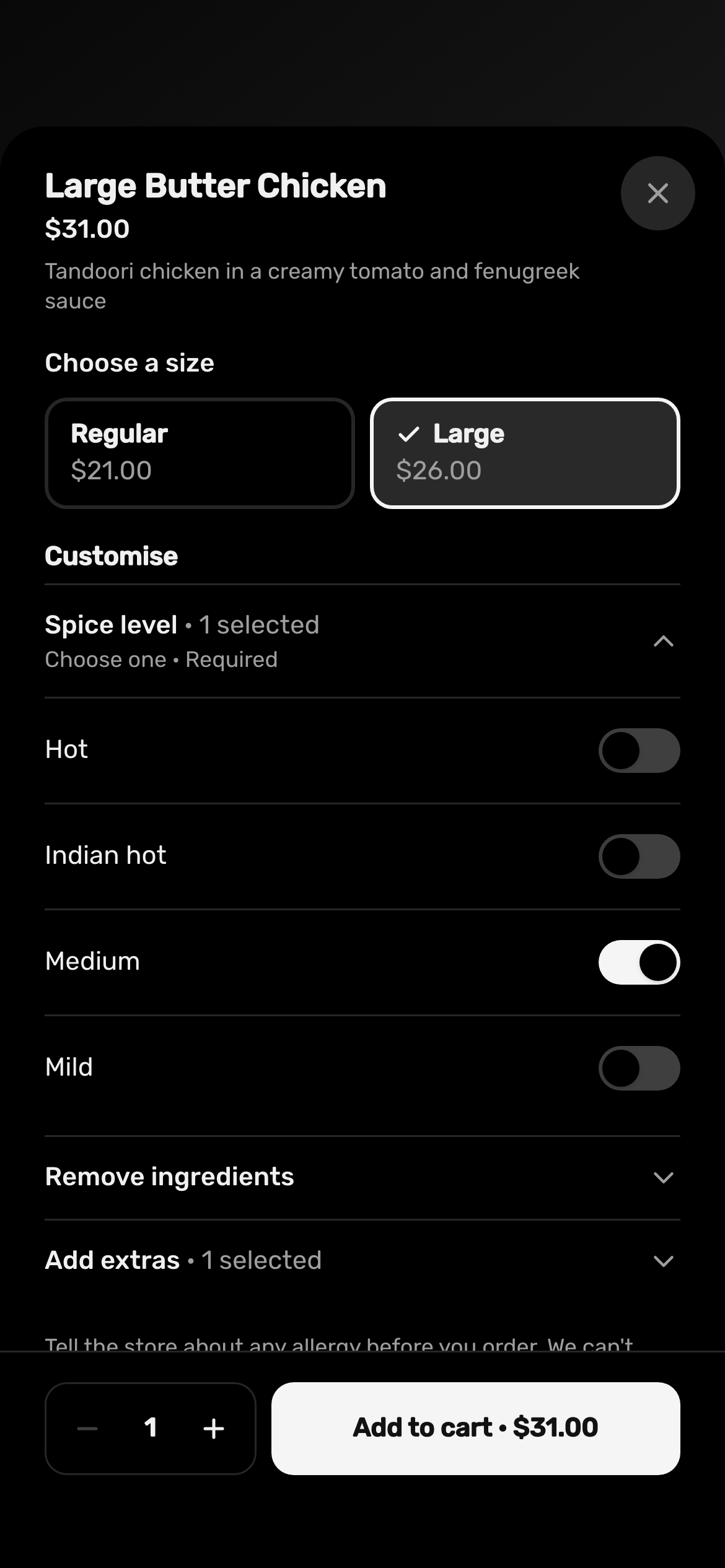 Choosing options for a curry on a phone