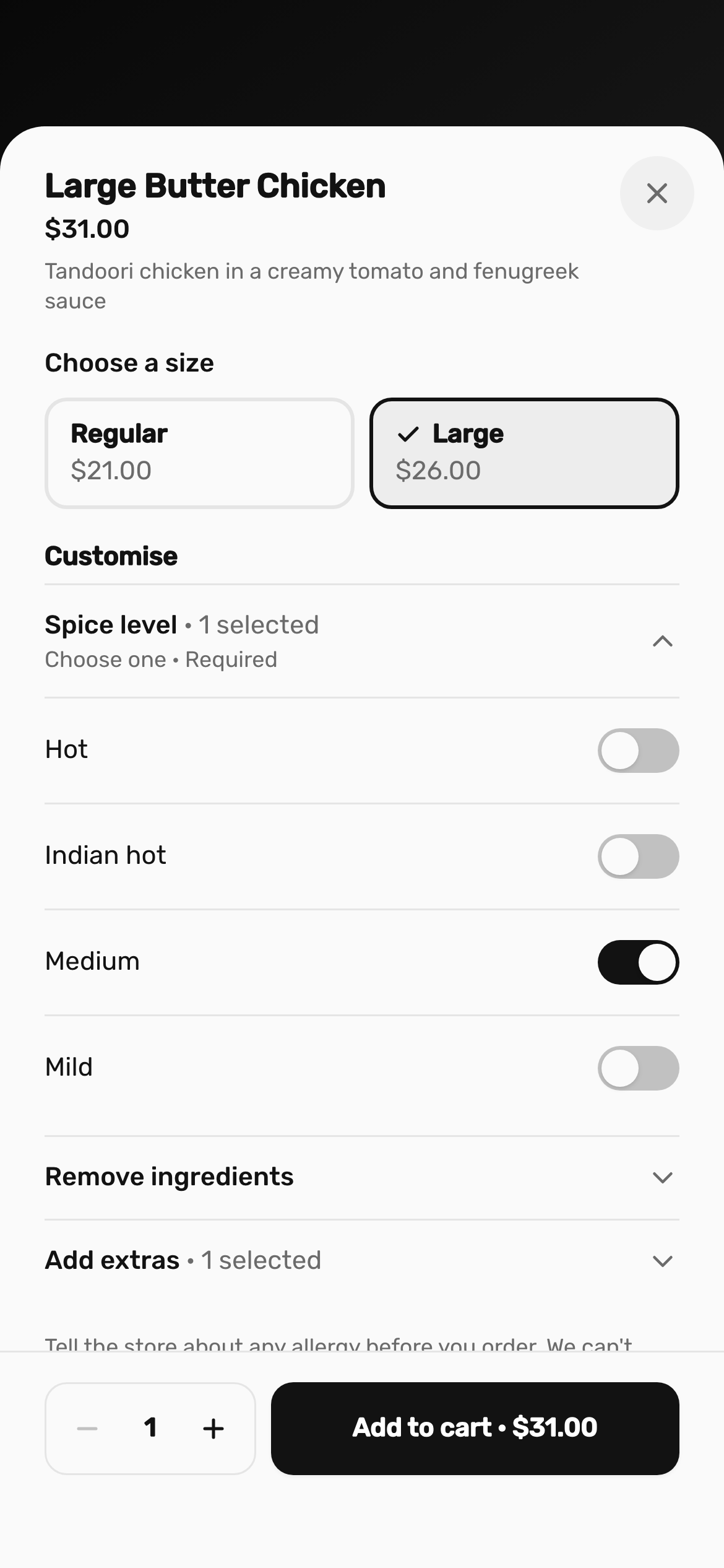 Choosing options for a curry on a phone