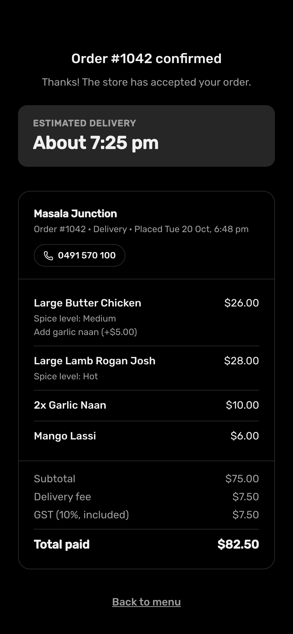 An order's status page