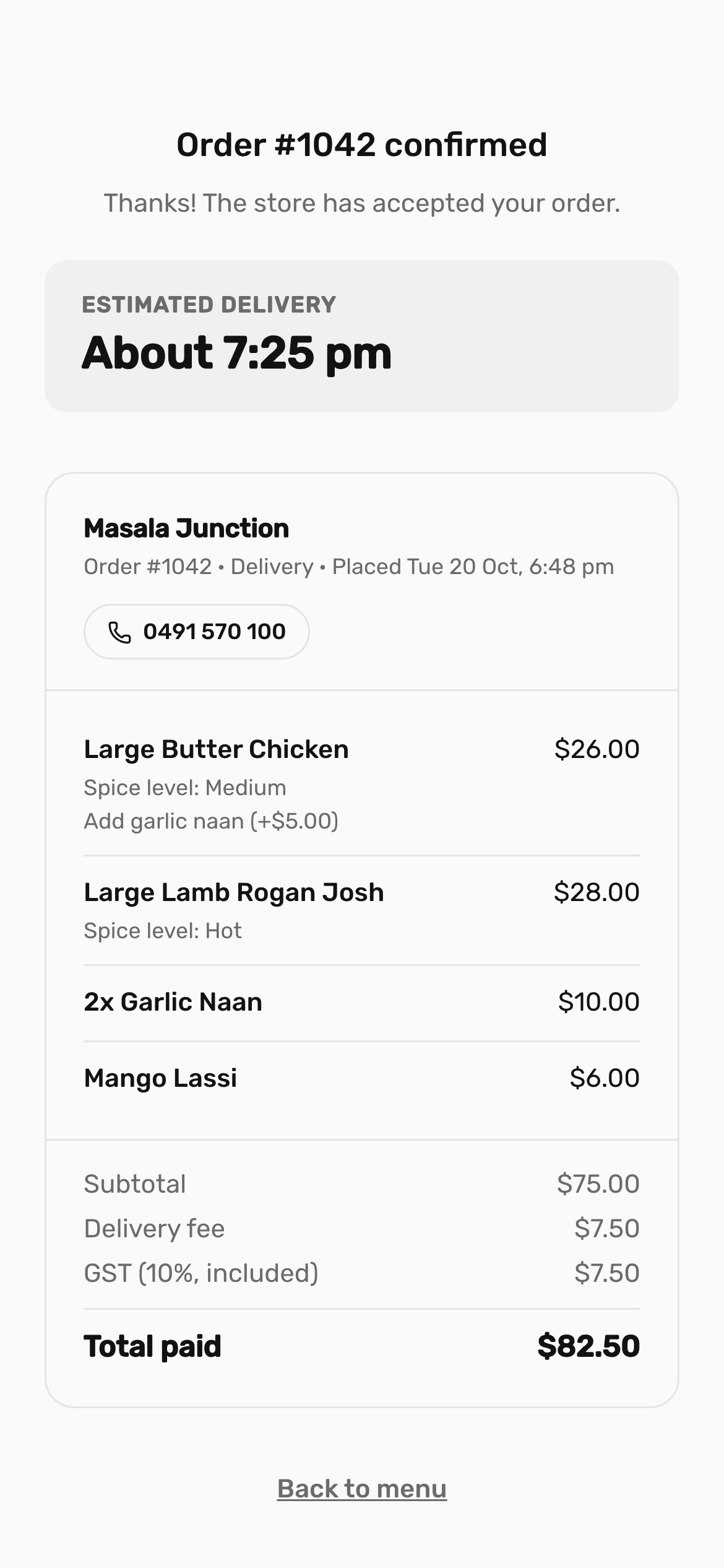An order's status page