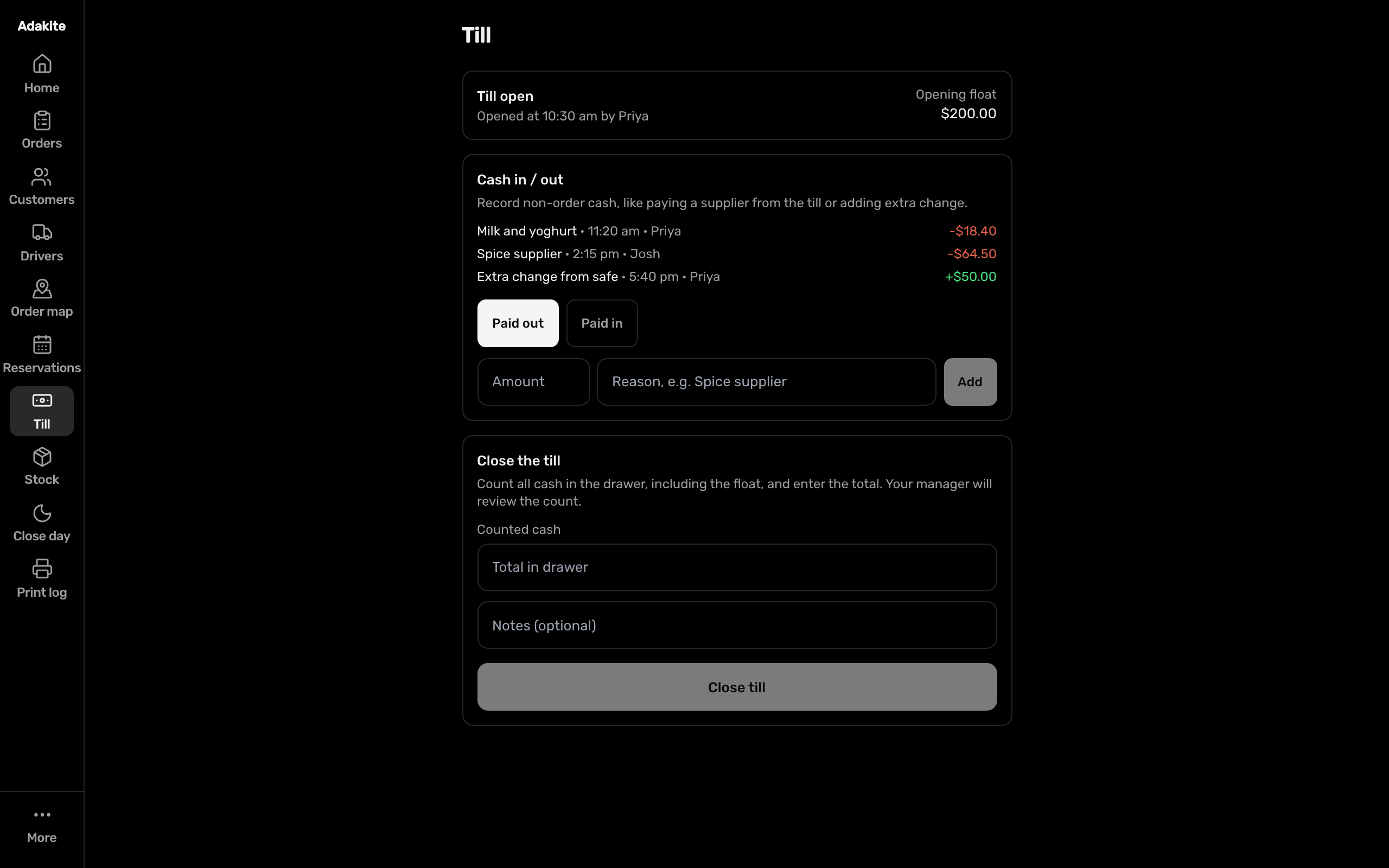 The till screen on Adakite Restaurant POS