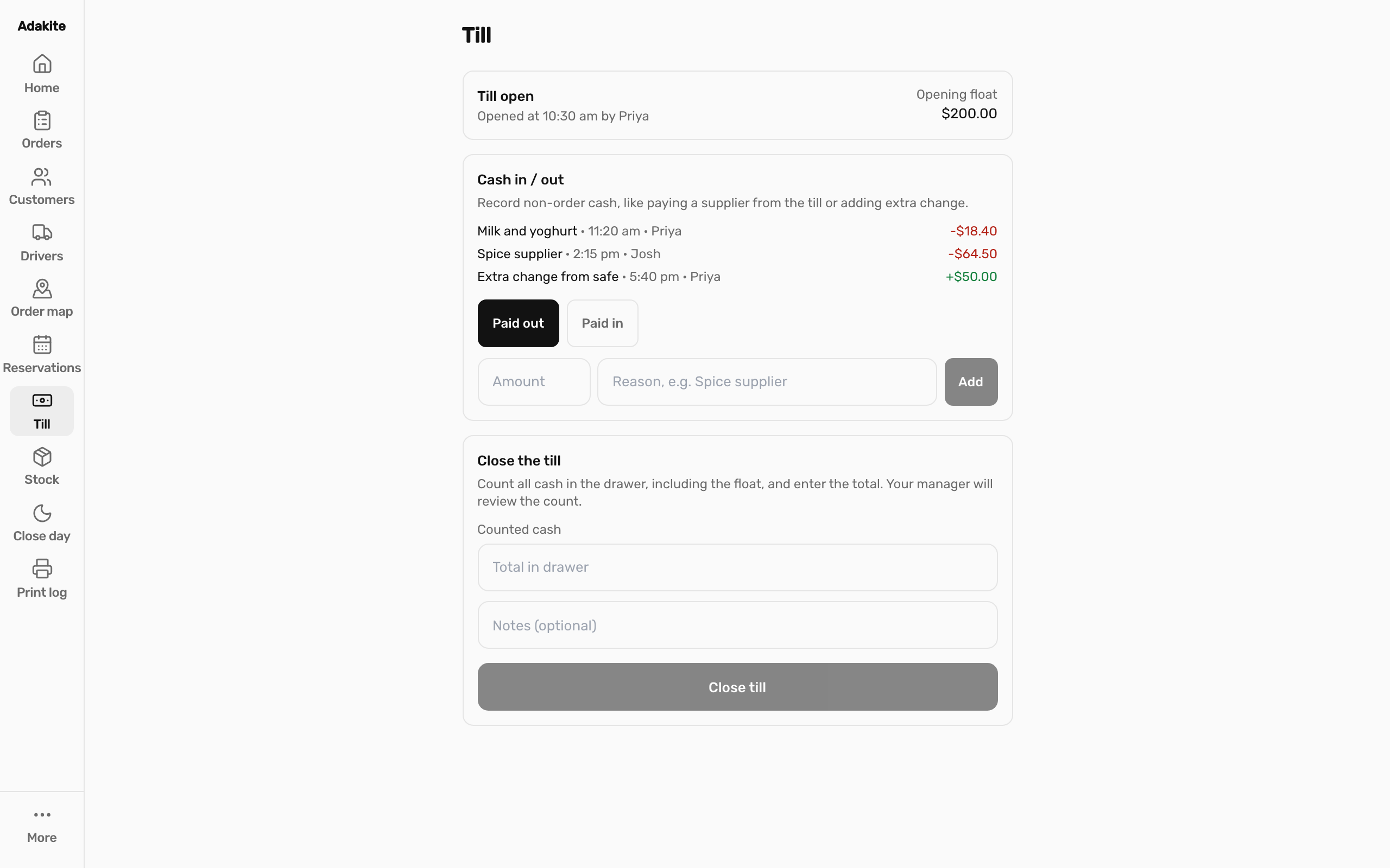 The till screen on Adakite Restaurant POS